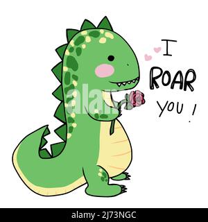 Dinosaur with rose flower, I roar you cartoon vector illustration Stock Vector