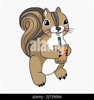 Squirrel drinking bubble milk tea cartoon vector illustration Stock Vector