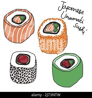 Japanese sushi line art drawing illustration Stock Vector