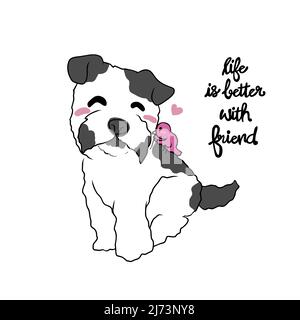 Maltese dog with little bird friend, Life is better with friend word cartoon vector illustration Stock Vector
