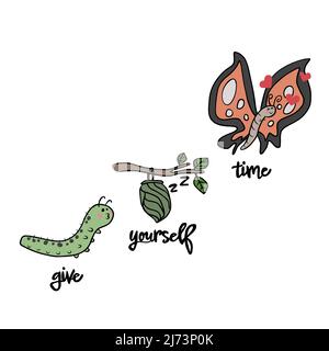 Give yourself time, worm growth up to beautiful butterfly cartoon vector illustration Stock Vector