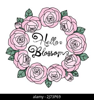 hello blossom pink rose wreath vector illustration Stock Vector