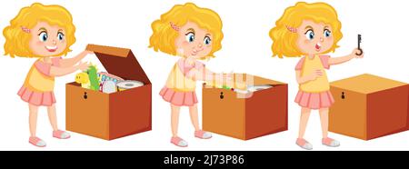 Cartoon girl putting his toy into the box illustration Stock Vector