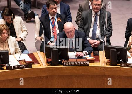 Russian ambassador Vassily Nebenzia speaks during SC meeting on Maintenance of peace and security of Ukraine at UN Headquarters in New York on May 5, 2022. (Photo by Lev Radin/Sipa USA) Stock Photo
