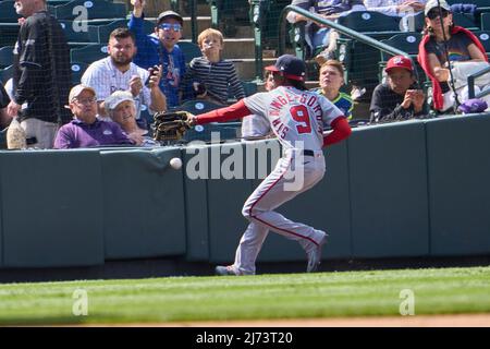 May 5 2022: Washington left fielder Dee Gordon-Strange (9) gets a hit  during the game with Washington Nationals and Colorado Rockies held at  Coors Field in Denver Co. David Seelig/Cal Sport Medi