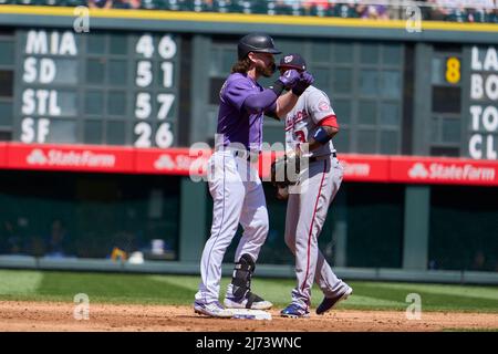 May 4 2022: Colorado first baseman C.J Cron (25) gets a hit during the game  with Washington Nationals and Colorado Rockies held at Coors Field in  Denver Co. David Seelig/Cal Sport Medi(Credit