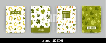 Cover page notebook collection. Templates with green shamrock and St. Patrick day elements. Perfect for diary, books, magazines, journals, catalogs Stock Vector
