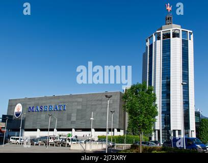 Modena - Italy - April 28, 2020: Maserati Factory Headquarters in Modena, Italy. Stock Photo