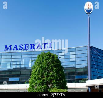 Modena - Italy - April 28, 2020: Maserati Factory Headquarters in Modena, Italy. Stock Photo