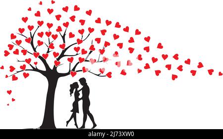 Tree illustration with red hearts like blowing leaves on wind and couple silhouettes in love isolated on white background. Romantic wall decals, wall Stock Vector