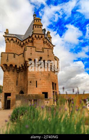 Olite, Spain - June 23, 2021: Details of the ornate gothic architecture of the palace of the Kings of Navarre or Royal Palace of Olite in Navarra Stock Photo