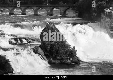 Rheinfall view with center rock and bridge over the fall, Switzerland - Rhinefall ist the biggest waterfall in Europe, Stock Photo