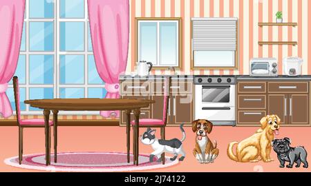 Set of different domestic animals in kitchen illustration Stock Vector