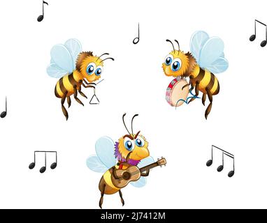 Three bees music band in cartoon style illustration Stock Vector