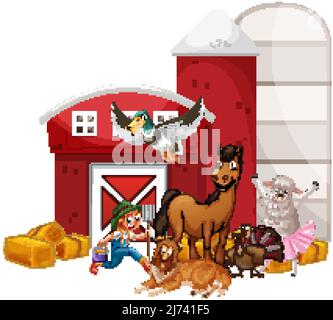 Farming theme with many animals illustration Stock Vector
