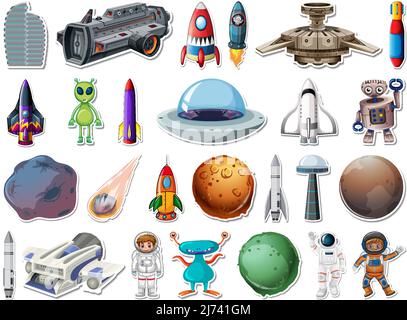 Sticker set of outer space objects and astronauts illustration Stock Vector