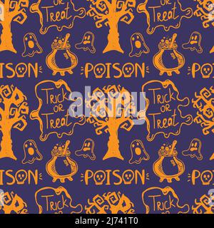 Seamless purple background with bright orange Halloween elements drawn in doodle style. Gloomy tree, ghosts, inscriptions, and a cauldron of potions. Stock Vector