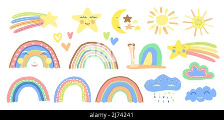 Children Rainbow, Sun, Cloud, Snail, Star and Heart Pastel Hand Drawn Vector Illustration Stock Vector