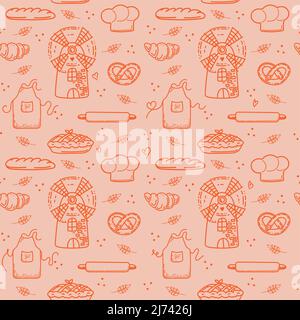 Seamless pattern with mill and baked goods, hand-drawn elements in doodle style. Mill, chef's hat, apron, rolling pin, bread, croissant, and bagel Stock Vector
