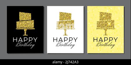 Happy Birthday Greeting Card Illustration Set with Gold Sparkle Cake on Black, White and Yellow Background Stock Vector