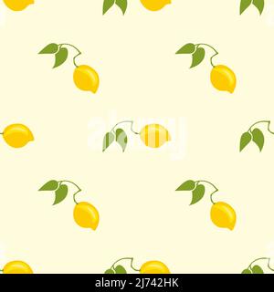 Beautiful tropical lemon with leaves isolated on light yellow background is in Seamless pattern - vector illustration Stock Vector