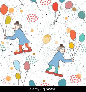 Hand Drawn Seamless Pattern with clown and balloons.Great for wedding cards, postcards, t-shirts, bridal invitations, brochures, posters, gift wrappin Stock Vector