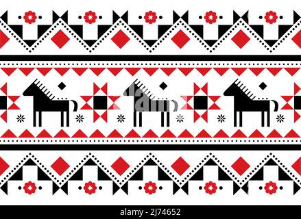 Horses seamless vector pattern - Ukrainian Hutsul Pysanky (Easter eggs) folk art style, geometric red and black textile or farbic print Stock Vector