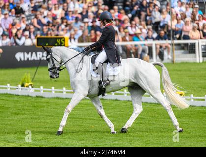 Kitty King and VENDREDI BIATS during the Dressage phase, Badminton Horse Trials, Gloucestershire UK 5 May 2022 Stock Photo