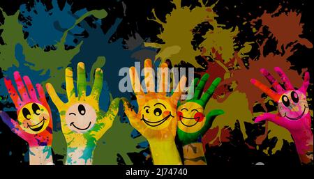 Illustration of emoticons on painted hands against colorful paint stains over black background Stock Photo