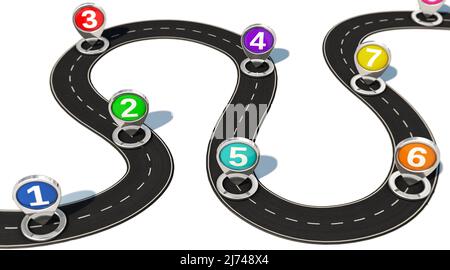 Numbered navigation pins on the road Stock Photo