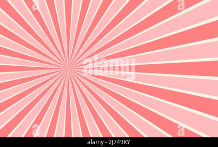 Red retro sunburst background. Horizontal vintage backdrop design element. Sun beam ray pattern. Radial stripes wallpaper with shifted center. Vector Stock Vector