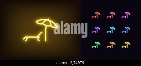 Outline neon sunbed icon. Glowing neon sunbed silhouette with parasol, beach lounger pictogram. Summer vacation and journey, sunbathe on deckchair and Stock Vector