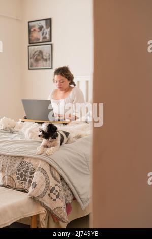 Woman working on laptop with dog sitting on bed Stock Photo