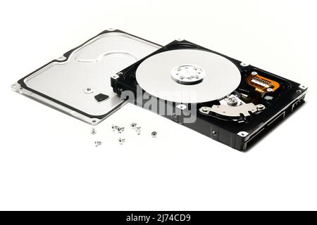 Open hard drive isolated on white background. Computer storage device. Computer hard drive HDD. computer memory. Stock Photo