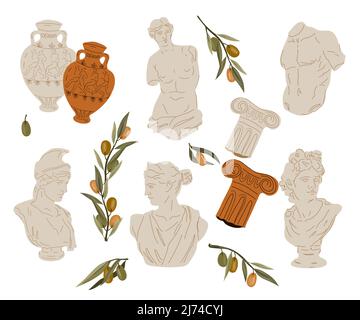 Antique marble Greek and Roman statues and amphora vases with olive branches, flat vector isolated on white background. Ancient Greek or Roman culture Stock Vector