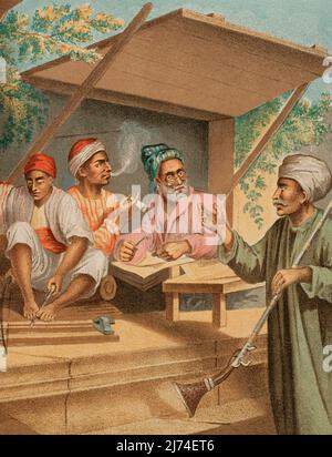Turkish craftsmen in Constantinople. From left to right: wood turner, babouche embroiderer and gunsmith. Chromolithography. Illustration by José Acevedo. Lithograph by José Maria Mateu. Detail. 'Viaje a Oriente', 1878. Author: José Acevedo. Spanish artist of the mid-19th century. Stock Photo