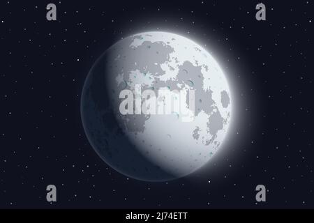 Realistic moon on a dark starry sky background. Moon in a waxing gibbous phase vector illustration. Stock Vector