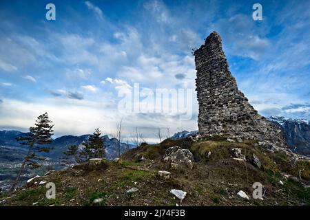 San Pietro castle in Torcegno: the superseded walls of the imposing fortress on Mount Ciolino. Valsugana, Trento province, Trentino Alto-Adige, Italy.