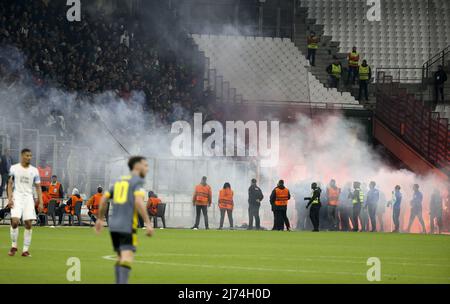 Supporters of Feyenoord sending flares on the pitch during the UEFA Europa Conference League semi-final second leg football match between Olympique de Marseille (OM) and Feyenoord Rotterdam on May 5, 2022 at Stade Velodrome in Marseille, France - Photo: Jean Catuffe/DPPI/LiveMedia Stock Photo