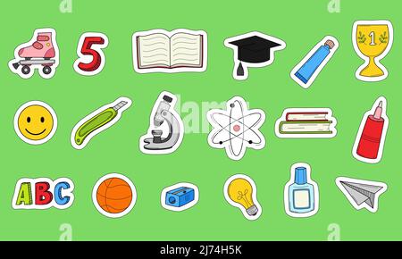 School stickers with a white outline. Printable scrapbooking sticker set. Collection of school stationery items in doodle style. Hand colored elements Stock Vector