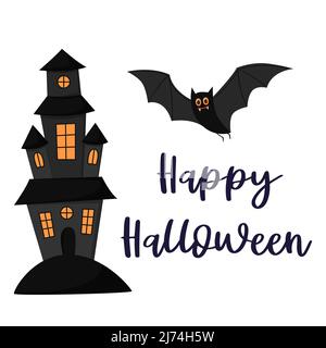 A creepy black haunted house with yellow windows and a flying bat. Handwritten words of Happy Halloween. Postcard with hand lettering. Flat cartoon ve Stock Vector