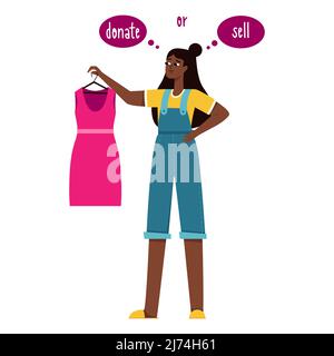 A young black girl is holding a pink dress in her hands and is thinking of donating it or selling it. Reasonable consumption, cluttering, sorting clot Stock Vector