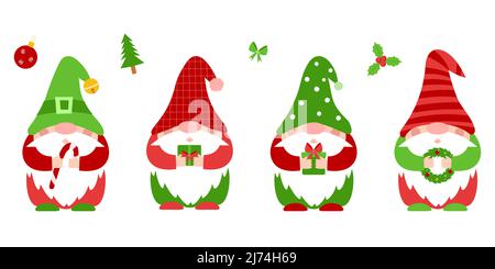 A set of small Christmas dwarfs in red, green clothes and hats, who hold New Year's attributes in their hands.Cute little gnomes, cartoon characters. Stock Vector