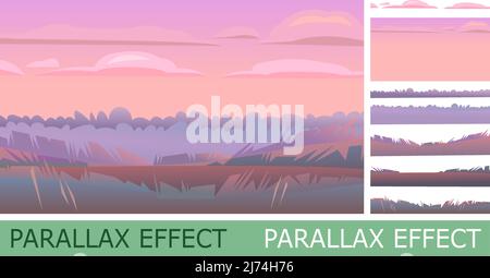 Evening landscape with parallax effect. Rural countryside beautiful view. Twilight after sunset. Early in the morning before dawn. Fields and meadows. Stock Vector