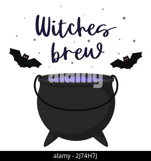 A cauldron of boiling witch's potion. A pot of purple liquid poison and bubbles. Postcard with hand lettering-Witches brew. Halloween theme. Color fla Stock Vector