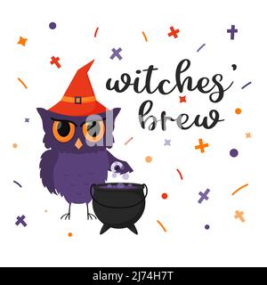 Owl witch in the hat adds an eye to boiling potion in the cauldron. A postcard with decorative elements and hand lettering phrase - Witches brew. Colo Stock Vector