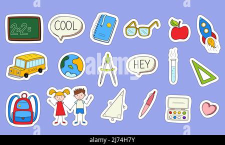 School Stickers With A White Outline Printable Scrapbooking Sticker Set  Collection Of School Stationery Items In Doodle Style Hand Colored Elements  Stock Illustration - Download Image Now - iStock