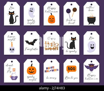 A collection of colorful gift labels with Halloween symbols and lettering phrases. Boo, cauldron, lollipops, skull with candle, cat, pumpkin lantern. Stock Vector