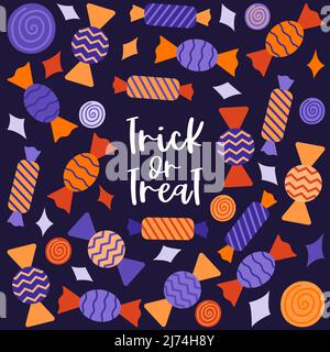 A square postcard with sweets in a wrapper. Hand lettering-trick or treat. Halloween decoration. Color flat cartoon vector illustration on a purple ba Stock Vector
