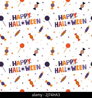 Halloween seamless pattern with wrapped candies, lollipops and words-Happy Halloween. Flat cartoon elements on white background. Color backdrop for pa Stock Vector